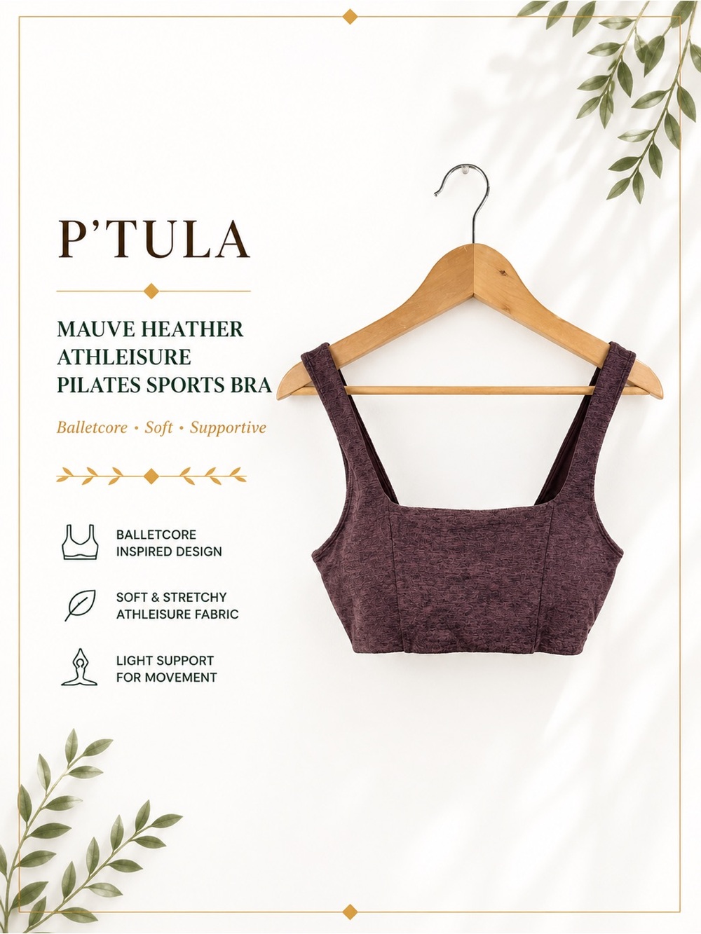 P’tula Mauve Heather Athleisure Pilates Balletcore Strappy Sports Bra XS